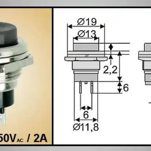 Zárt nyomókapcsoló fémházas (fekete) 2A 250V ON-(OFF) SW30113M/B Prémium