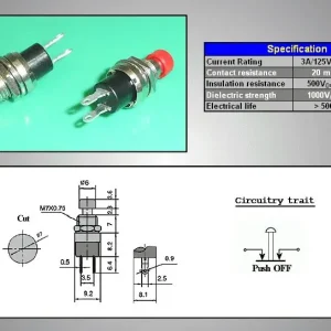 Zárt nyomókapcsoló (piros) 1A 250V, fém tengellyel SW3012/R Vedd meg most