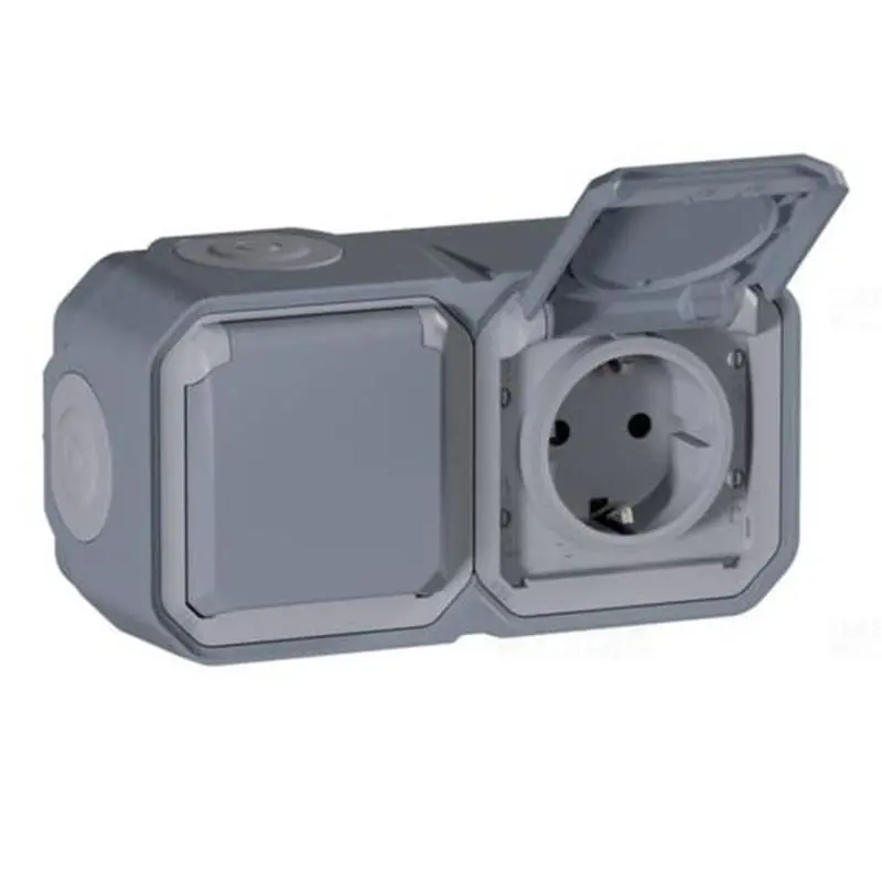 Vedd meg most Plexo 55 falon kívüli 2x2P+F elővezetékezett vízszintes csatlakozóaljzat csapófedéllel, összeszerelt, szürke 069742L Legrand