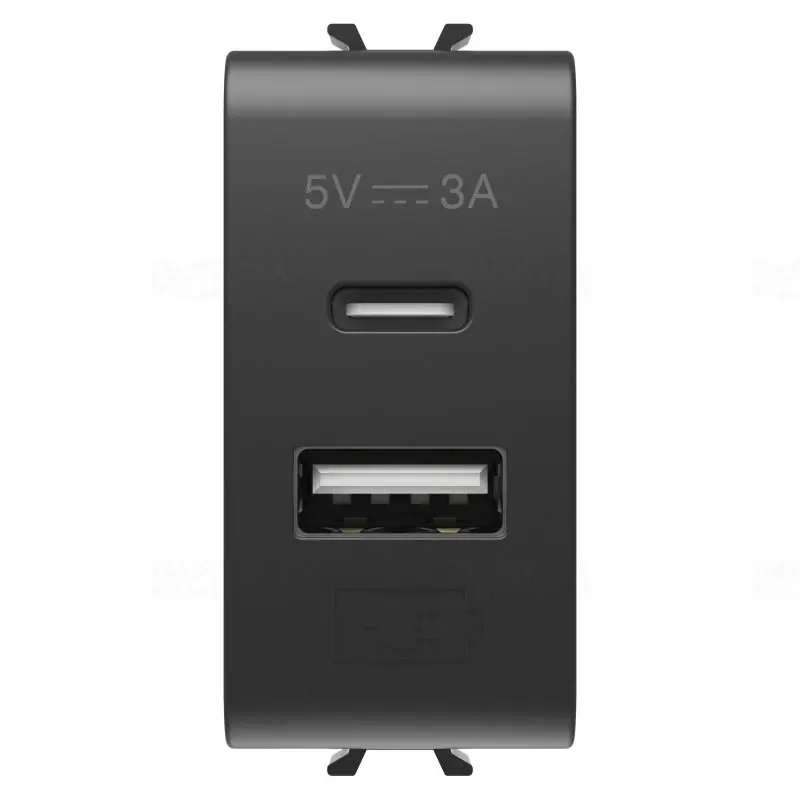 Chorus matt fekete USB töltő A+C típus 3A 1 modulos GW12449 Gewiss Eredeti