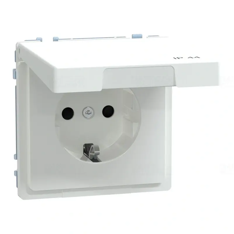 MERTEN 2P+F csatlakozóaljzat, biztonsági zsaluval, csapófedéllel, rugós, 16A, IP44, System-D, lótuszfehér MEG2314-6035 Schneider Ingyenes szállítás