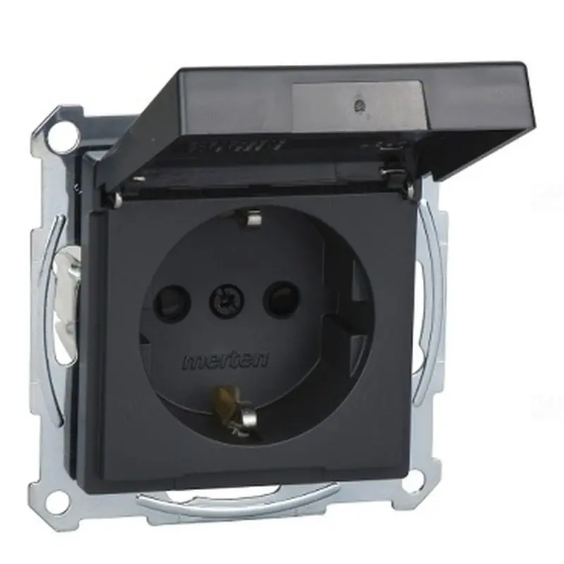 Kedvezmény MERTEN 2P+F csatlakozóaljzat, biztonsági zsaluval, csapófedéllel, rugós, 16A, IP44, System-M, antracit MEG2314-0414