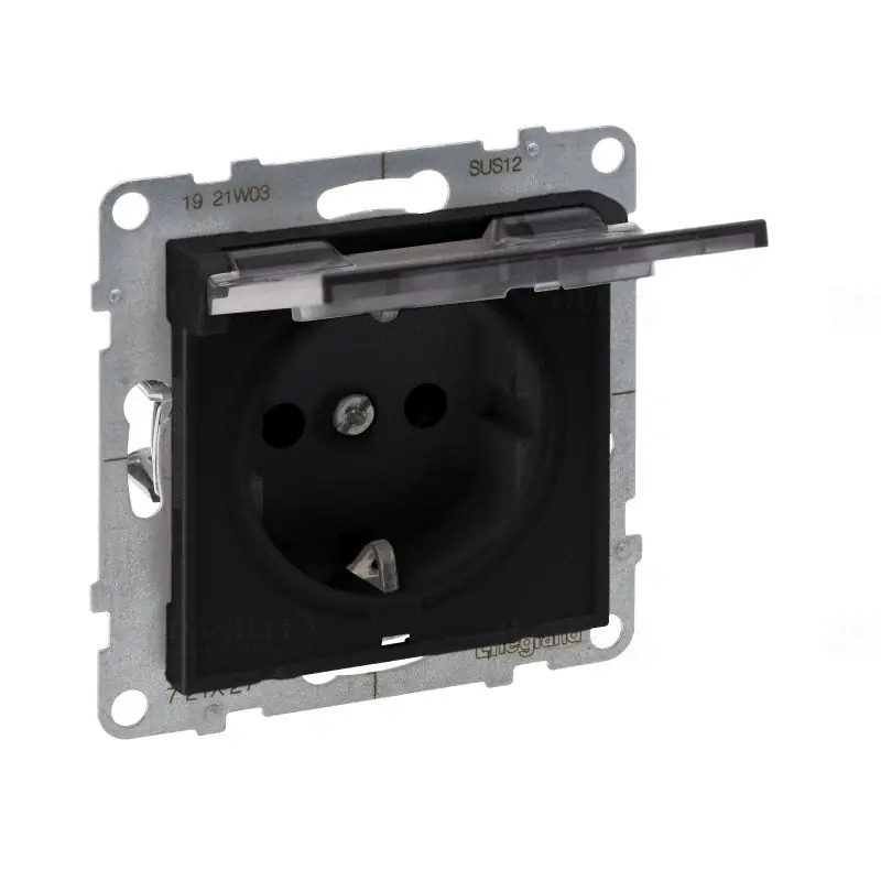 Pénzvisszafizetés Legrand 721427 Suno 2P+F csatlakozóaljzat IP21, csapfedeles, keret nélkül, rugós, fekete