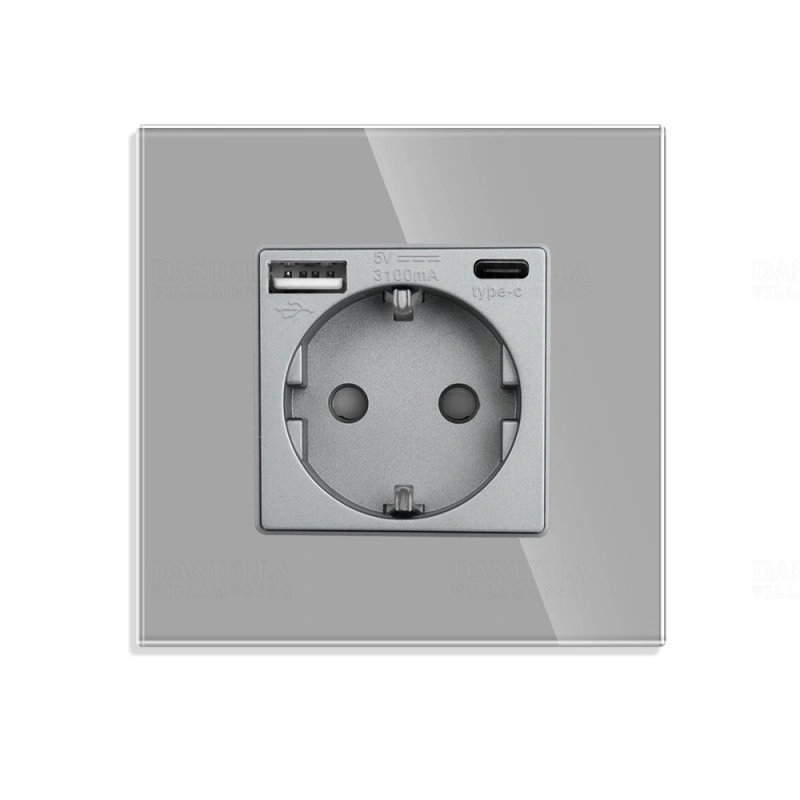 LUXION 2P+F + USB-A + USB-C aljzat üveg kerettel, szürke, BLISZTERES LXD-MP010UG-GY Prémium