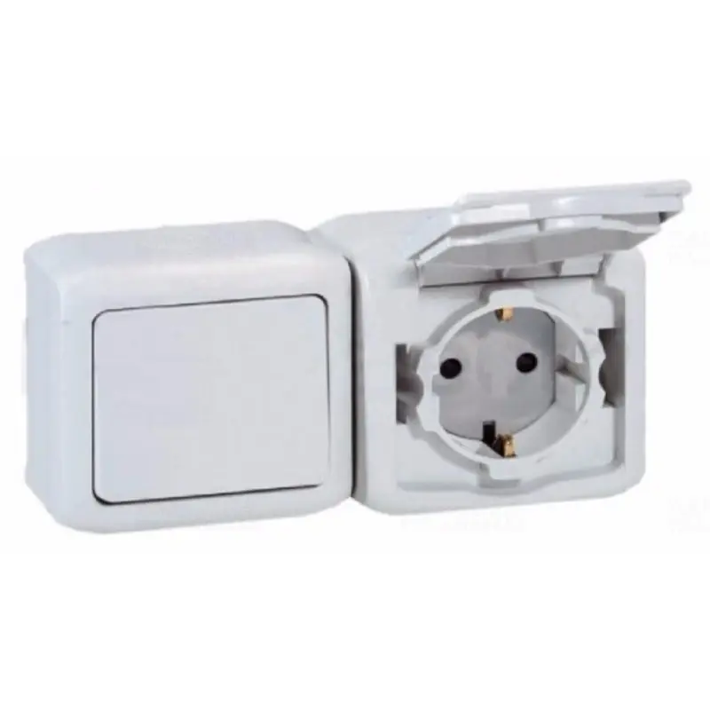 Prémium Legrand 782392 Forix 102+ 2P+F GYV CSF kétpólusú kapcsoló+csatlakozóaljzat csapfedeles, IP44 falon kívüli, szürke