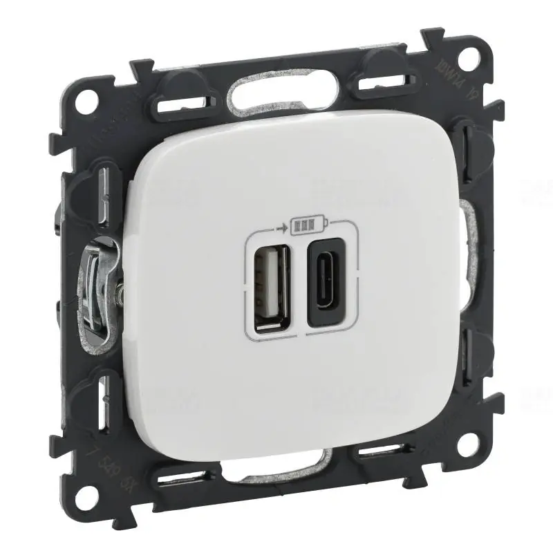 Legrand 754965 Valena Allure töltőaljzat kettős USB C-típusú + USB A-típusú csatlakozóval, 5V 3A 15W, túlfesz-védelem >1kW, Class II SELV, fehér Akció