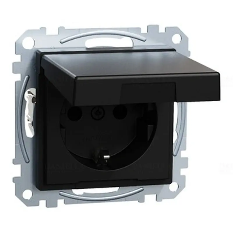 MERTEN 2P+F csatlakozóaljzat, biztonsági zsaluval, csapófedéllel, rugós, 16A, System-M, fekete MEG2310-0403 Schneider Korlátozott ajánlat