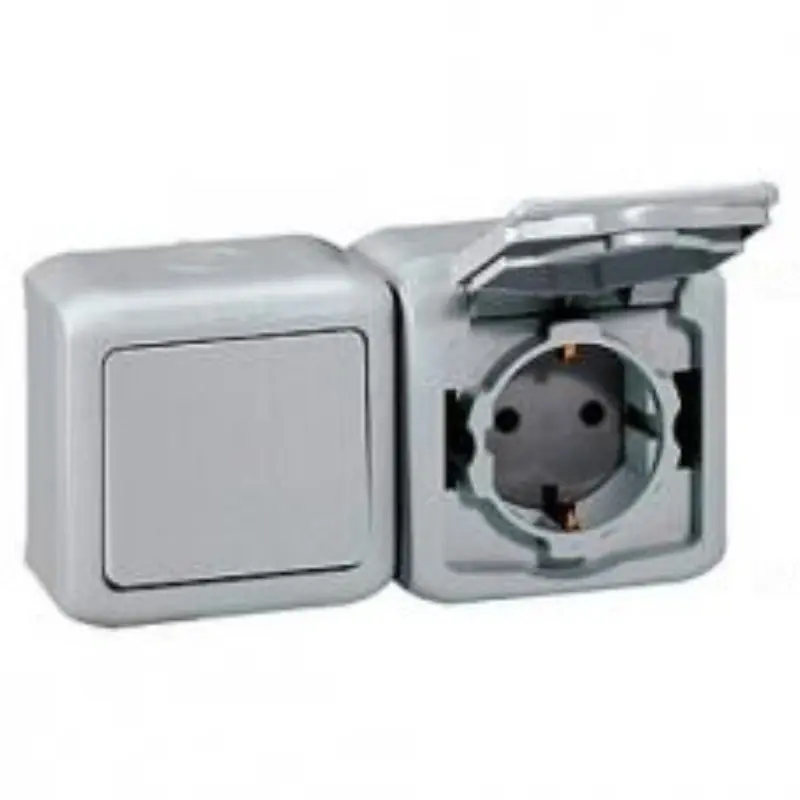 Legrand 782391 Forix 101+ 2P+F GYV CSF egypólusú kapcsoló+csatlakozóaljzat csapfedeles, IP44 falon kívüli, szürke Eredeti