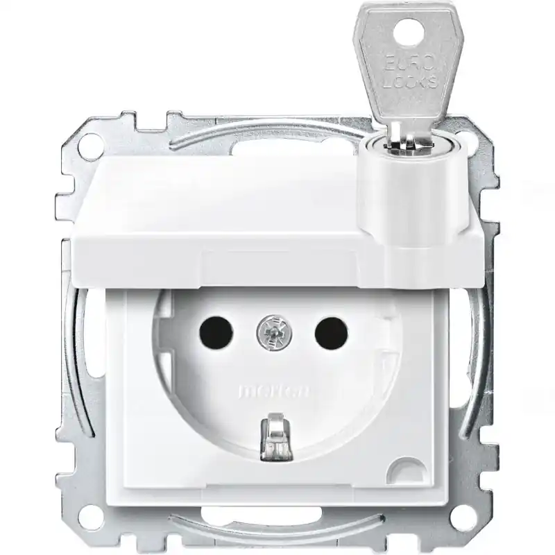 Pénzvisszafizetés MERTEN 2P+F csatlakozóaljzat, biztonsági zsaluval, zárható csapófedéllel, rugós bekötés, 16A, System-M, polárfehér MEG2315-0319 Schneider