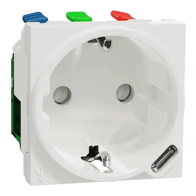 UNICA SYSTEM+ 2P+F csatlakozóaljzat USB C töltővel, biztonsági zsaluval, rugós, 16A /2.1A, fehér NU301718 Schneider Alacsony ár