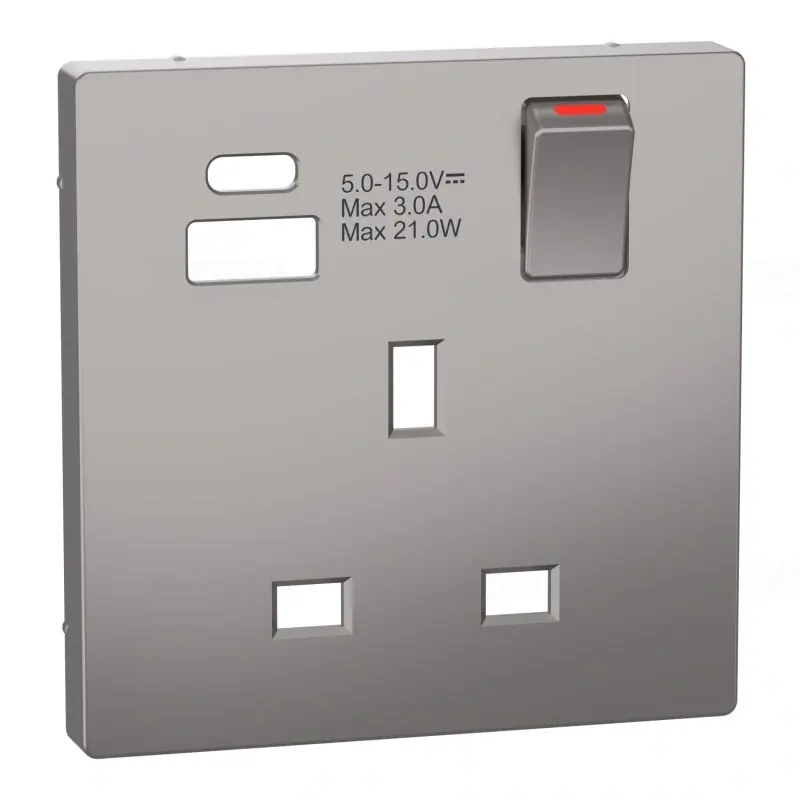 MERTEN Fedlap, USB töltős, kapcsolható brit csatlakozóaljzathoz, System-D, nikkel MTN2125-6050 Schneider Akció